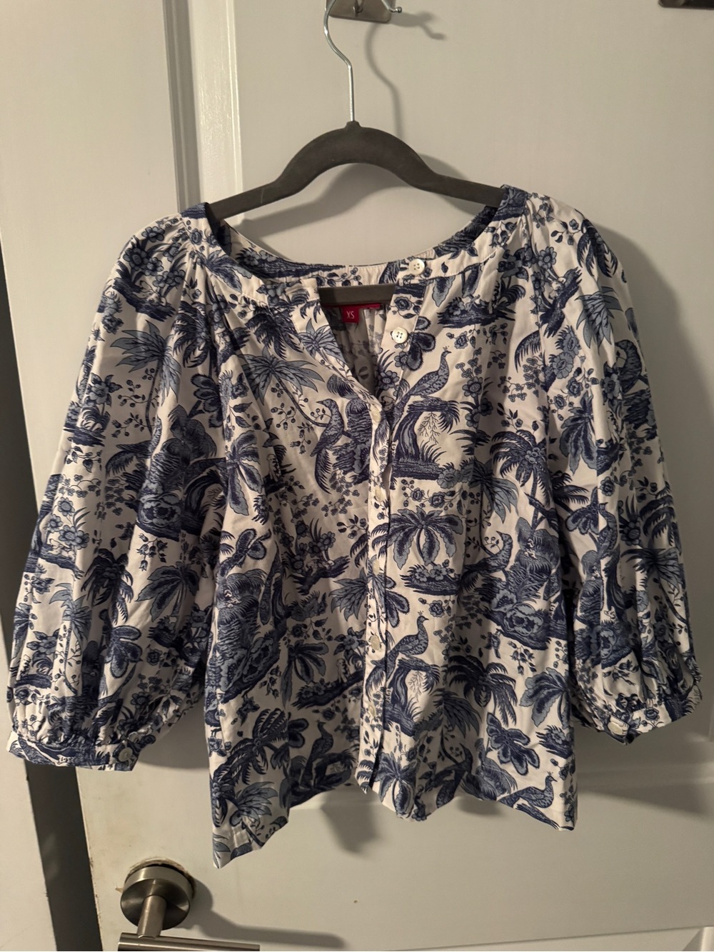 Staud China Toile Dill Top blouse Blue & White Printed Puff-Sleeve Cropped xs - Picture 3 of 5